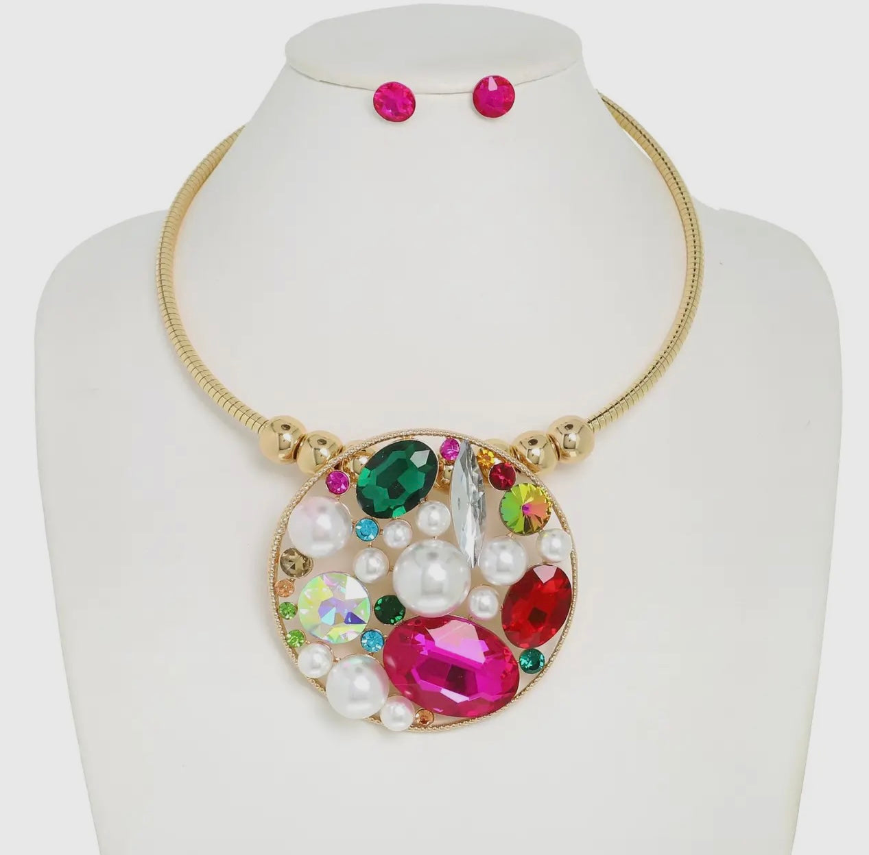 METALLIC BEADED CRYSTAL GEMSTONE CLUSTER NECKLAC