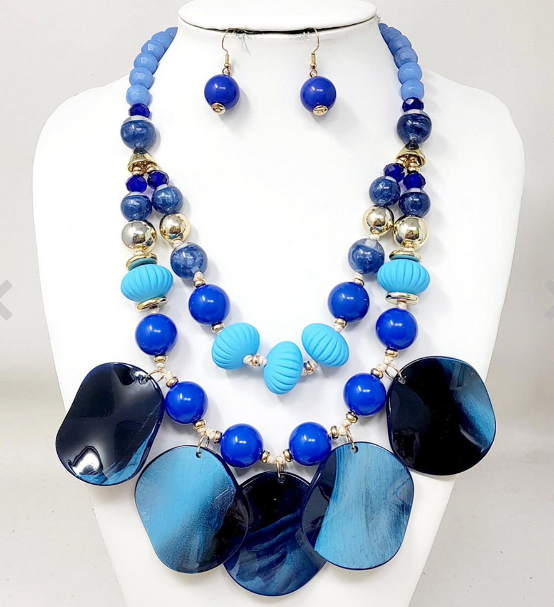 Blue Chunky Wavy Beaded Double Statement Necklace