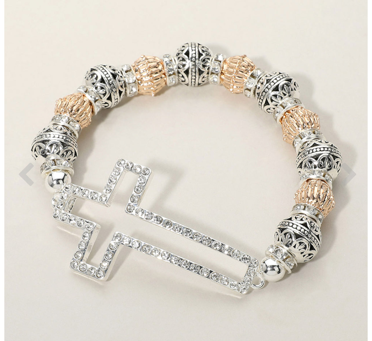Stone Paved Open Cross Metal Ball Beaded Stretch Bracelet_Two Tone Silver