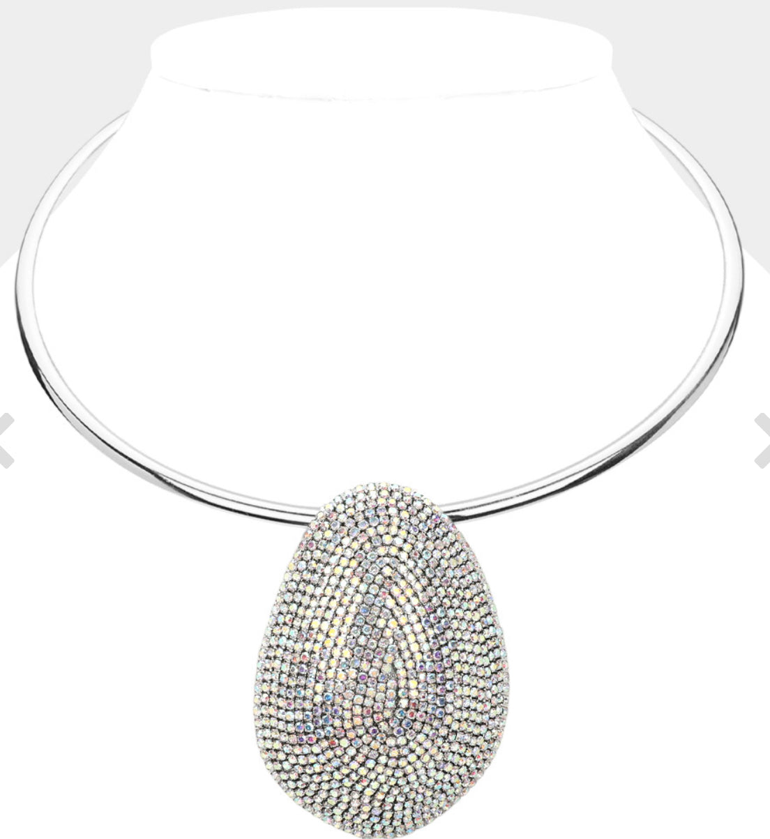AB Silver Rhinestone Paved Oval Pendant Statement Necklace