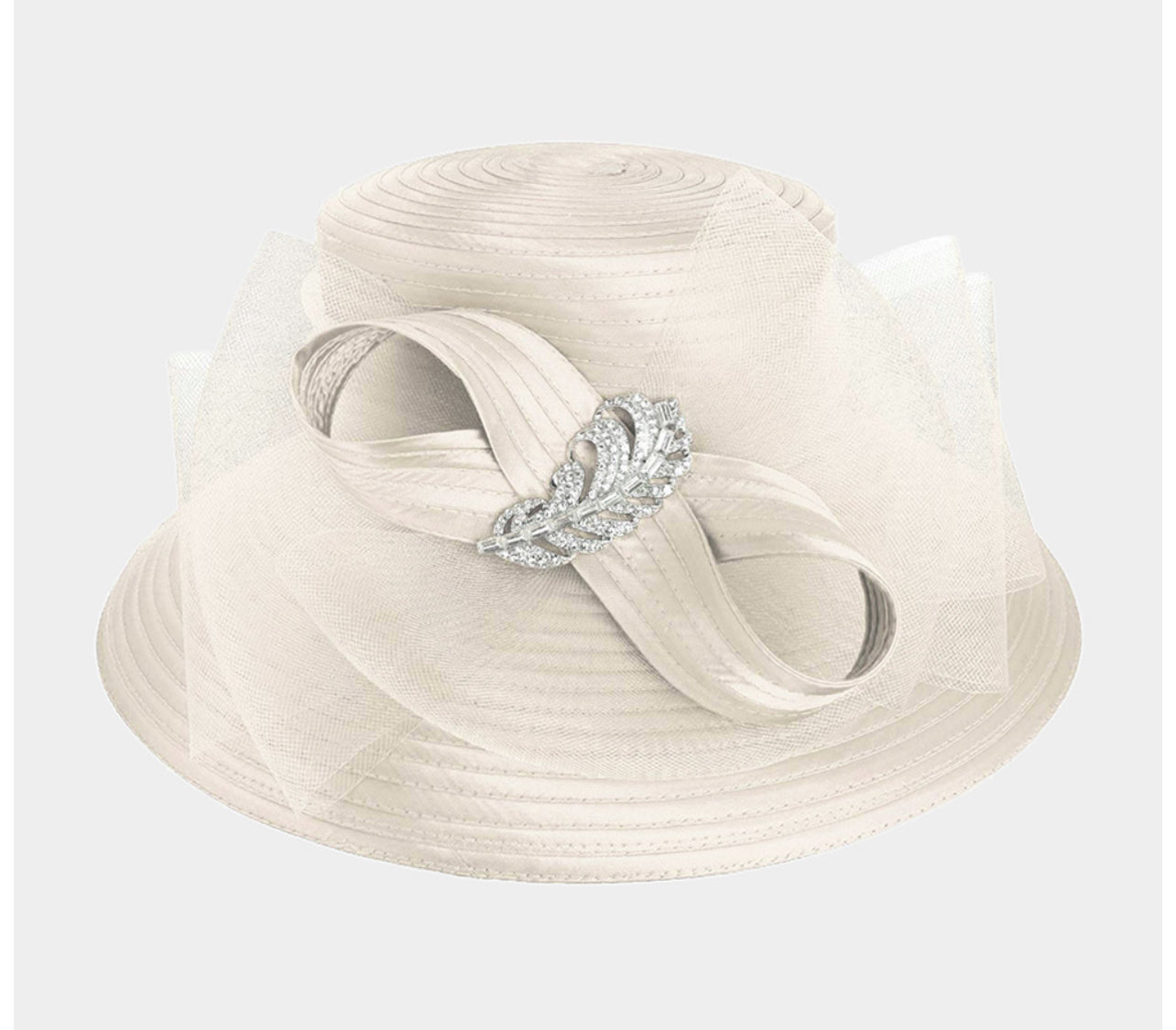 Rhinestone Embellished Feather Accented Mesh Bow Dressy Hat