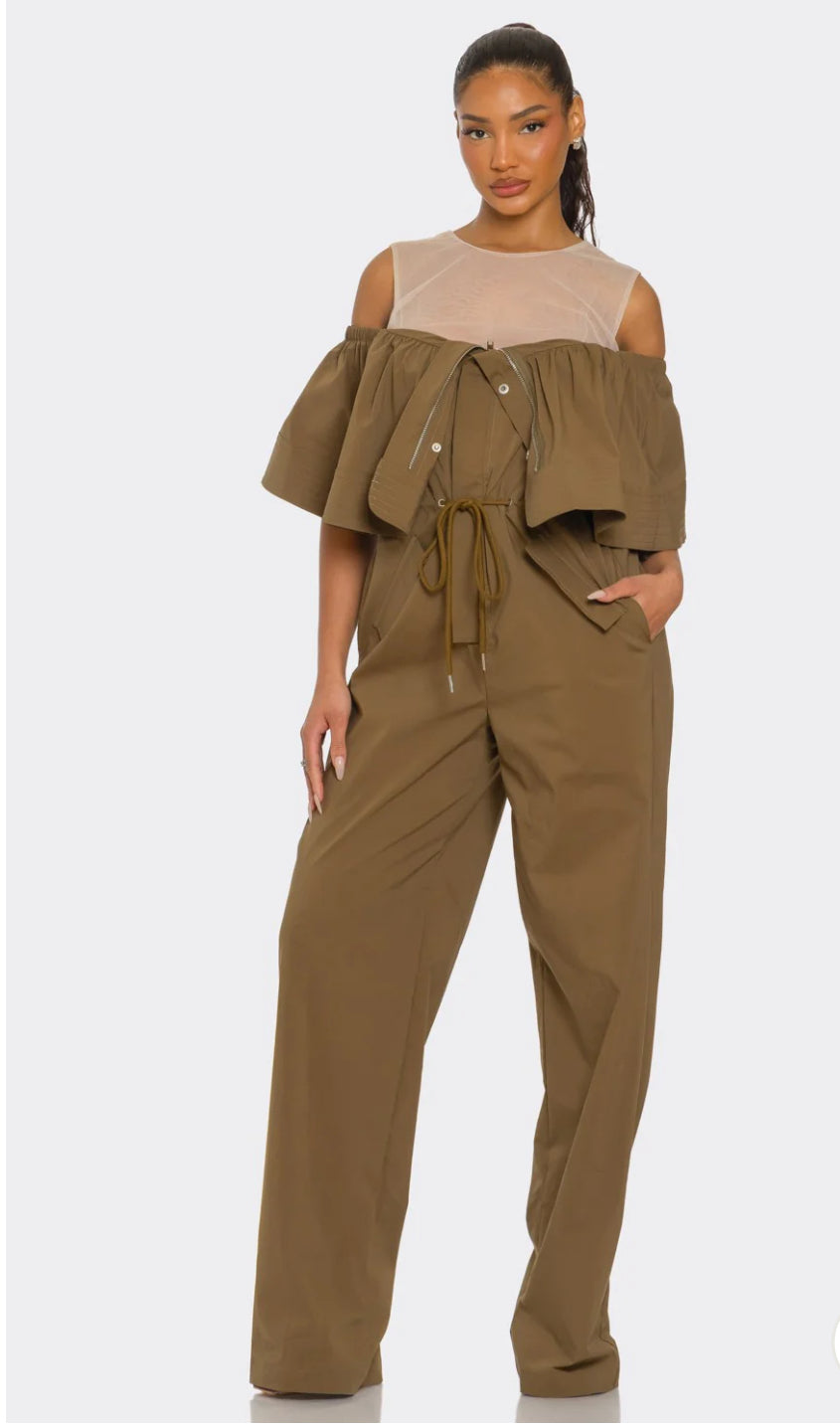 DUAL ESSENCE OFF-SHOULDER UTILITY JUMPSUIT