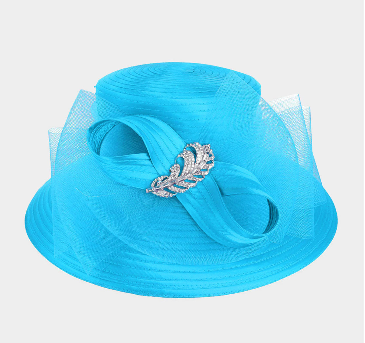 Rhinestone Embellished Feather Accented Mesh Bow Dressy Hat