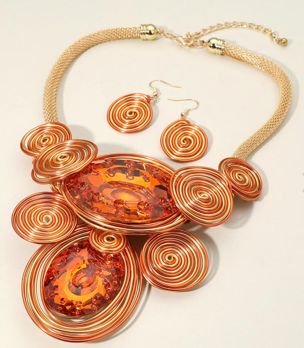 Orange Bold Double Oval Accented Metal Wire Statement Necklace_