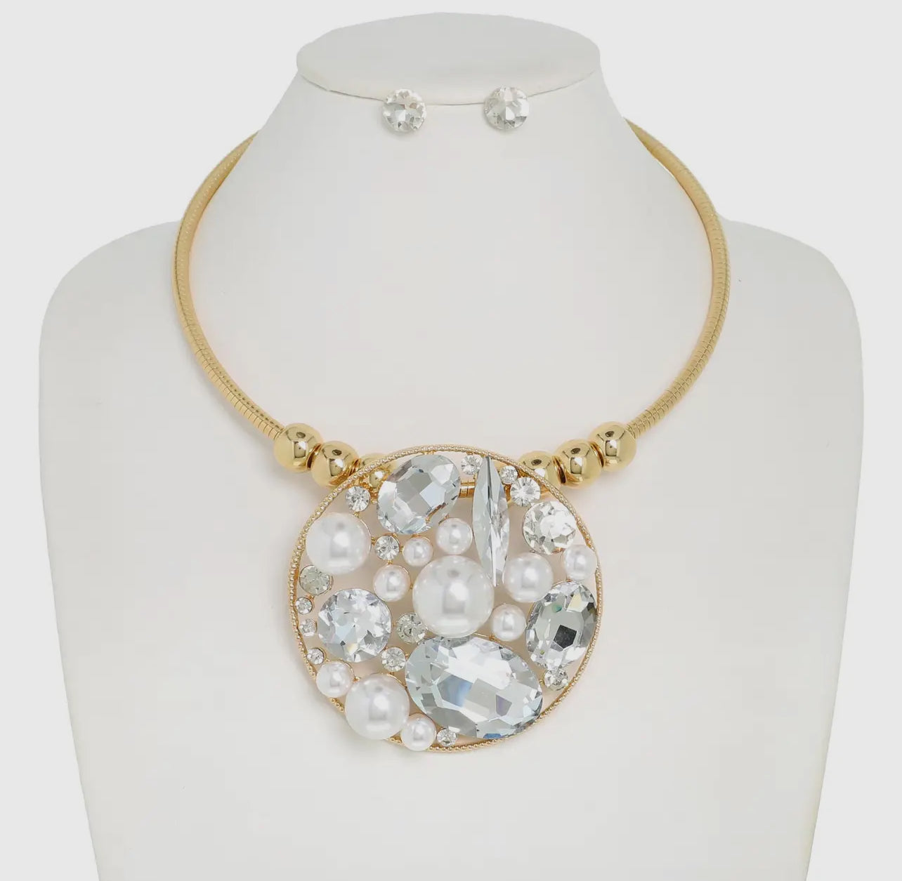 METALLIC BEADED CRYSTAL GEMSTONE CLUSTER NECKLAC