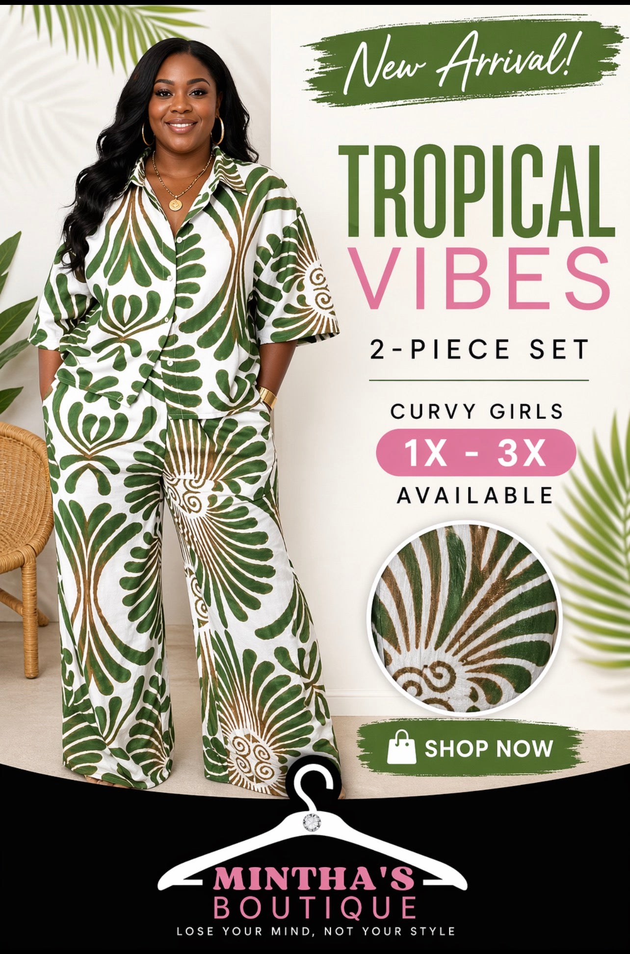 Green& Gold Tropical Vibe 2pc Pant Set