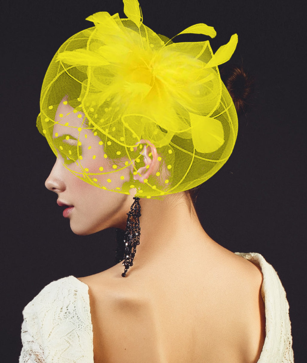 Yellow Bow Feather Mesh Flower Fascinator / Headband