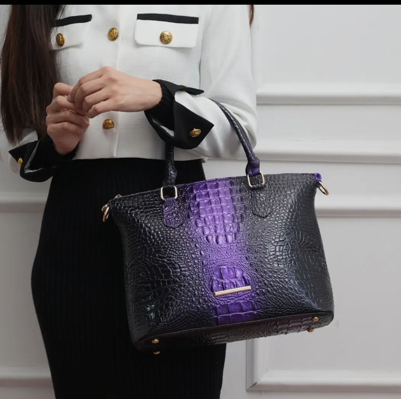 Liora Croc Embossed Tote Bag and Set_Purple