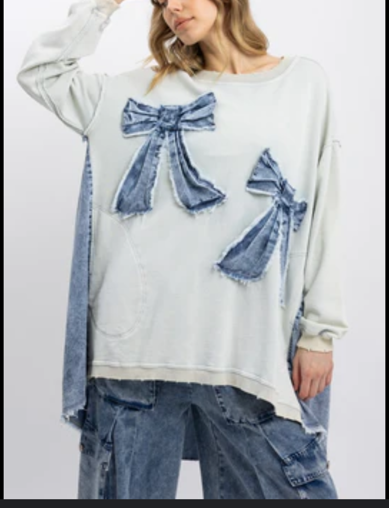 OVERSIZED Mixed Media Top with Denim Ribbon Bow Patches