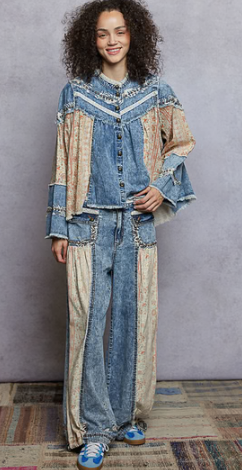 Paisley Denim and Floral Panel Studded and Lace Detailed Bottom