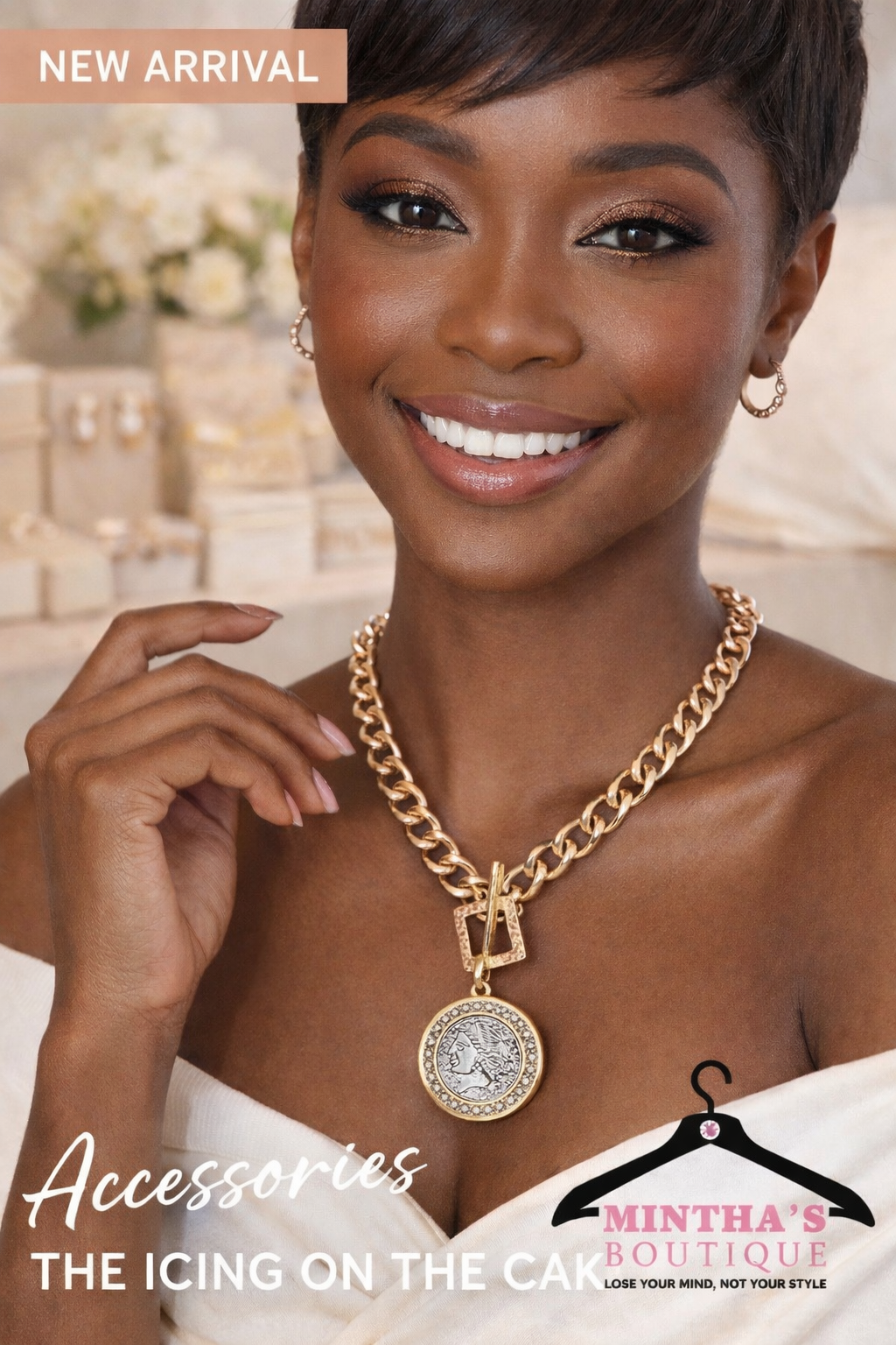 Gold Tone Rhinestone Bubble Frame Coin Pendant Necklace