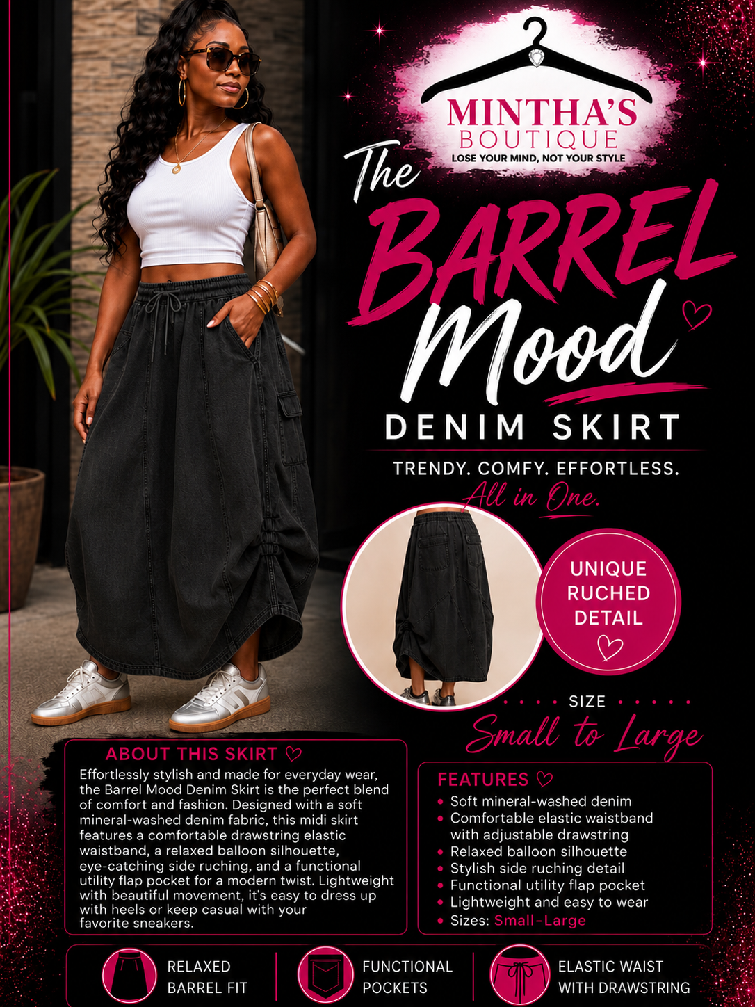 The Barrel Mood Denim Skirt_Black Denim Pre-Order Arrives 7/19