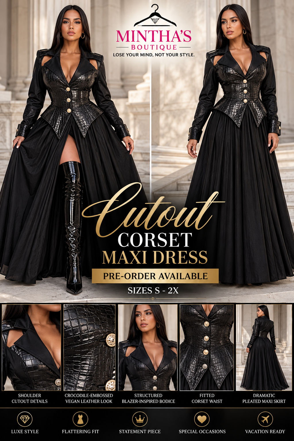 The Luxe Cutout Corset Maxi Dress – Black~PRE-ORDER 10/16