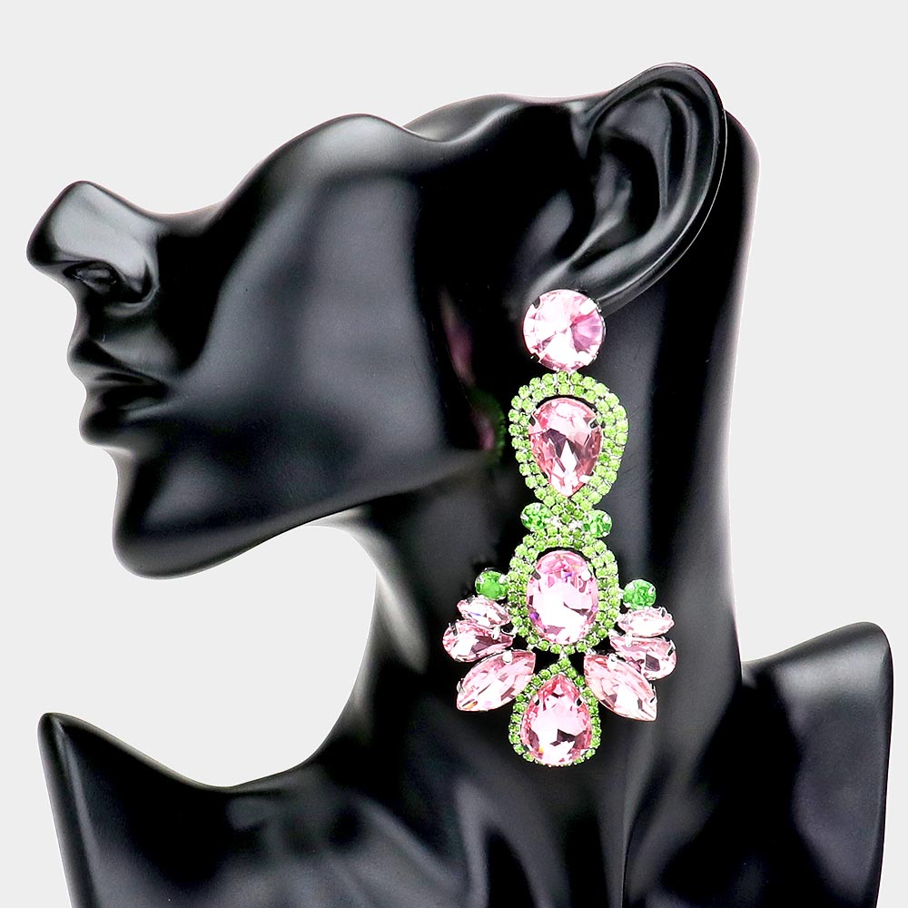 Pink & Green Crystal Rhinestone Pave Drop Earrings