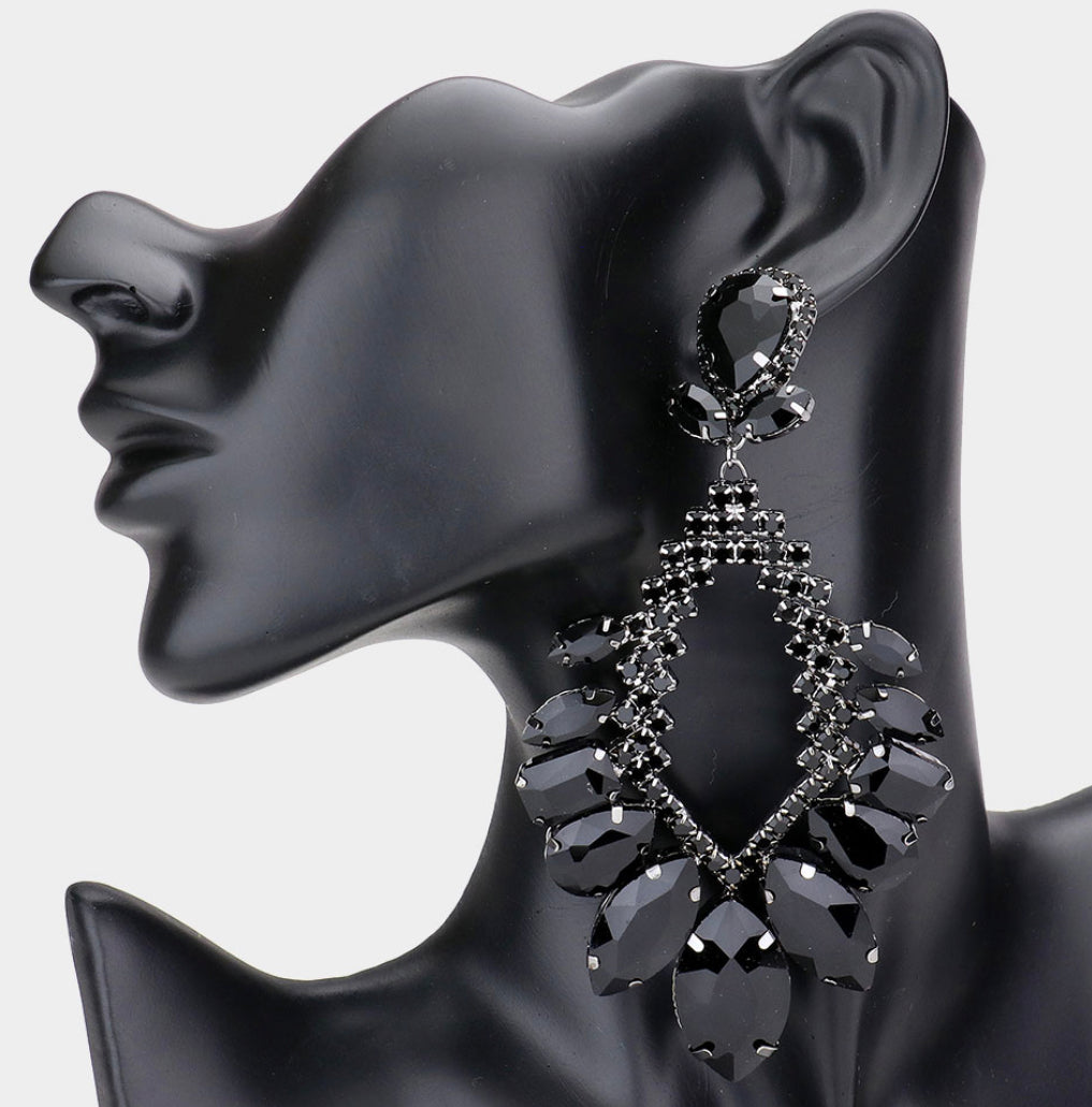 Jet Black Multi Stone Cluster Statement Earring