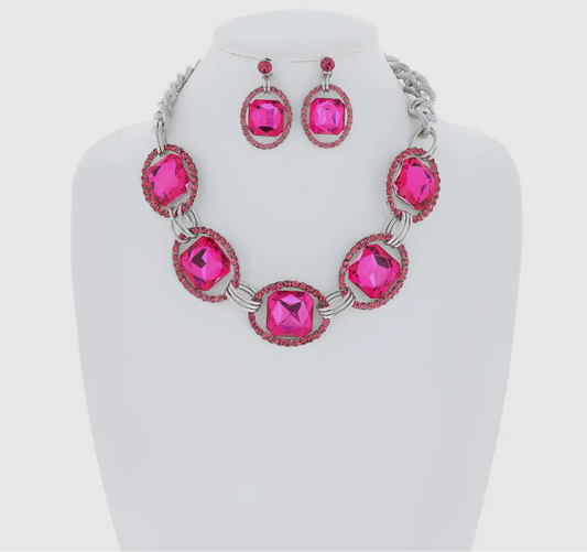Pink Chunky Square Gem Oval Rhinestone Link Necklace Set