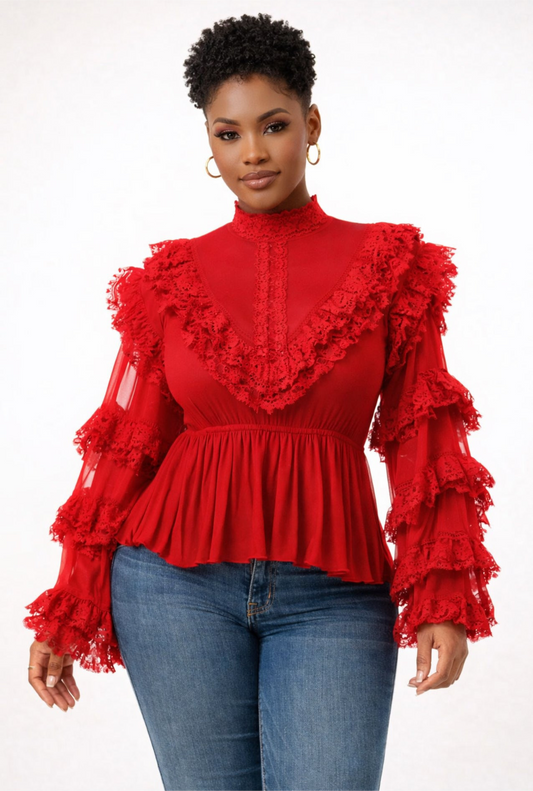 Sheila Sheer Lace Hem Peplum Blouse_Red