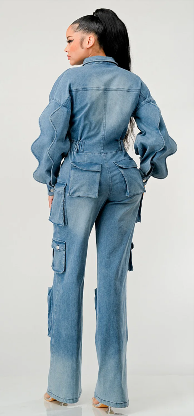 FAMOUS DENIM CARGO RUFFLE SLEEVE JUMPSUIT