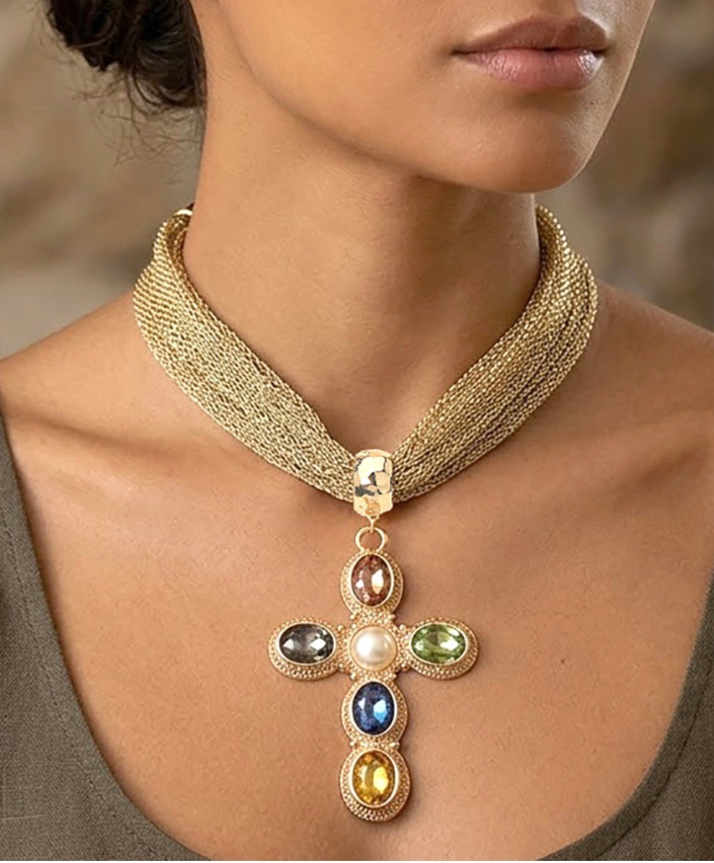 Pearl Center Oval Stone Cross Statement Necklace
