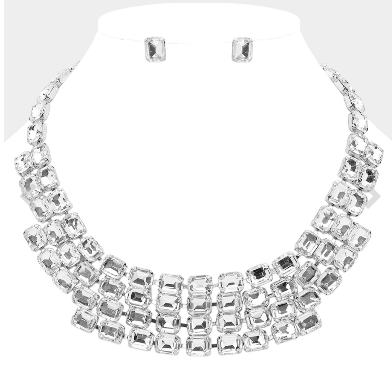 Emerald Cut Glass Stone Cluster Layered Collar Evening Necklace