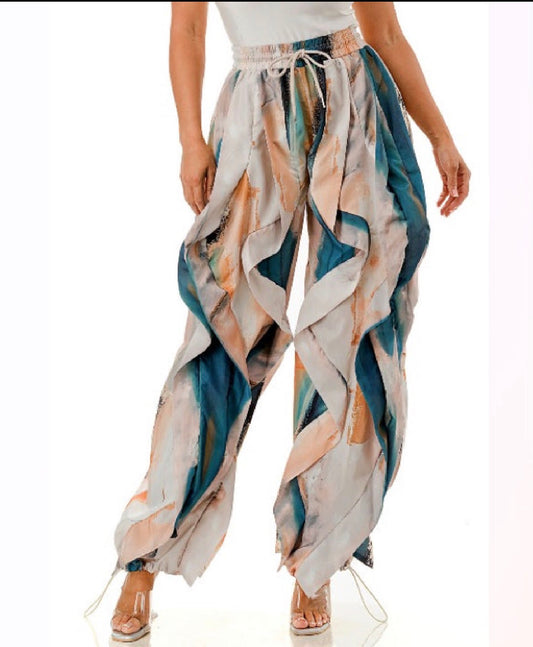 No Drama Ruffle Drawstring Jogger Pants_Teal Multi
