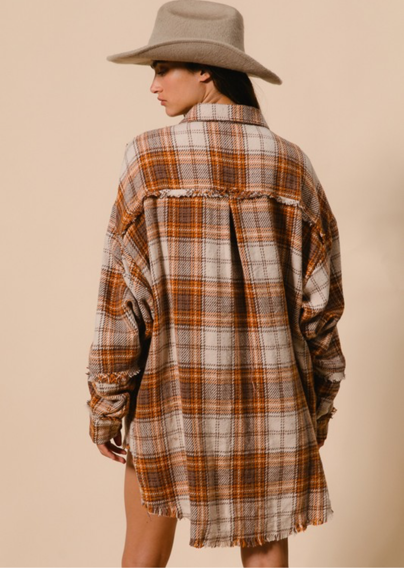 Lillie Checked Woven Frayed Oversized Shacket