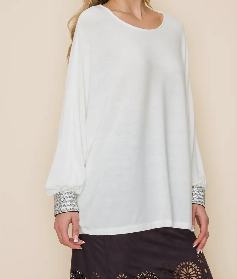 Embellished Cuff Bat Wing Long Sleeve Top