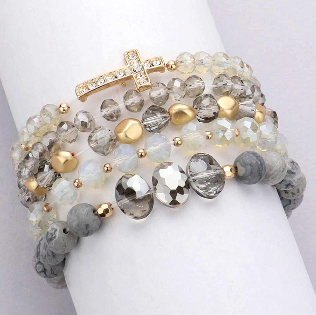 5PCS - Stone Paved Cross Faceted Beaded Multi Layered Bracelets