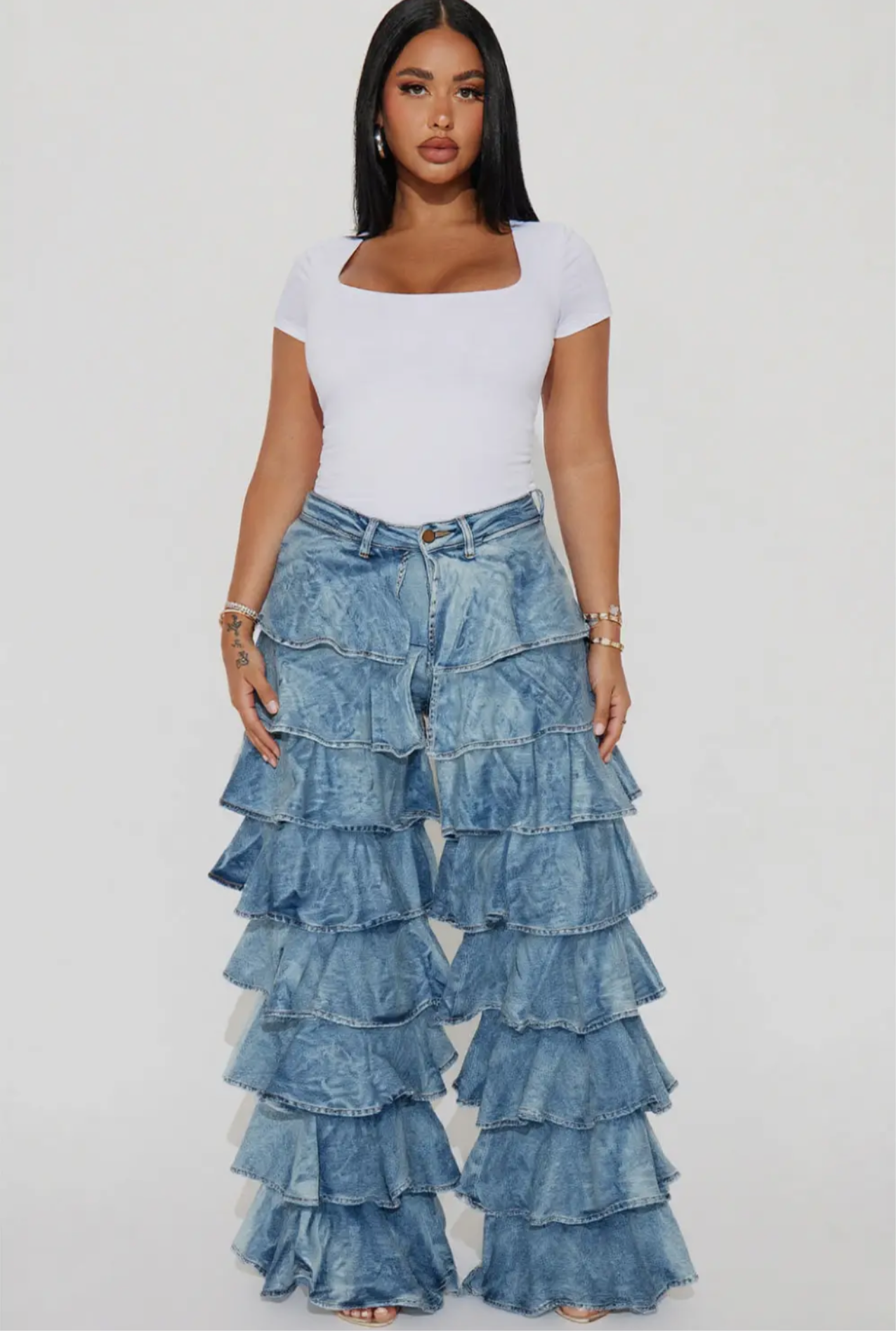 HIGH WAISTED RUFFLE DENIM PANTS