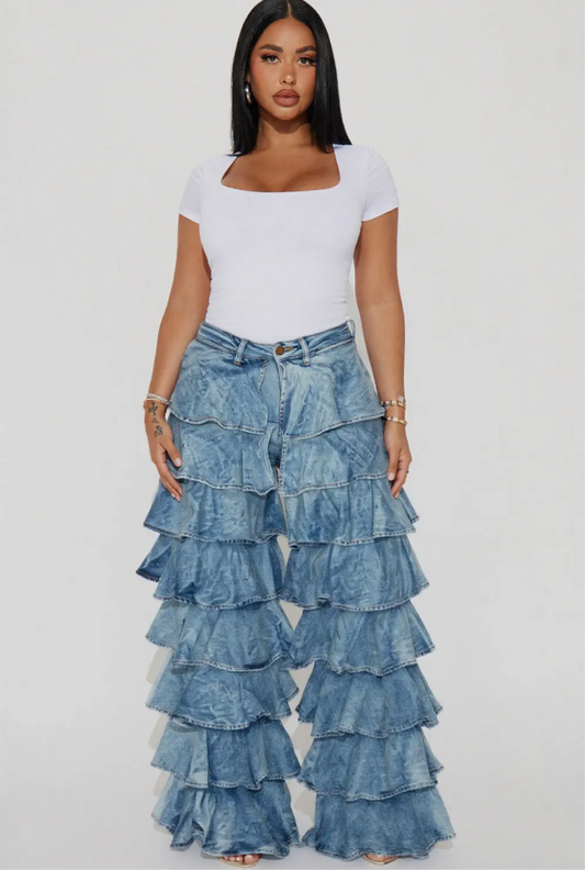HIGH WAISTED RUFFLE DENIM PANTS