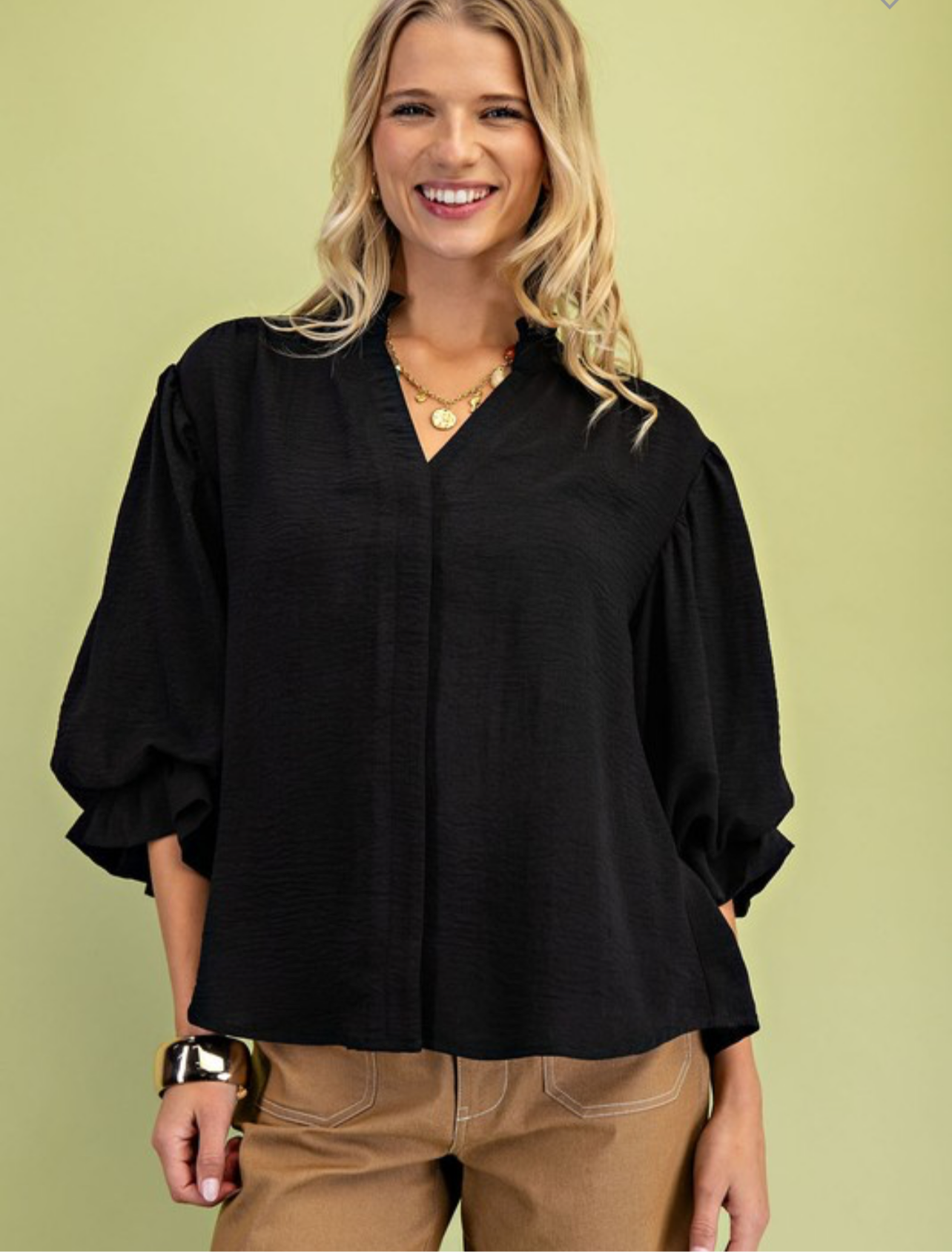 Bella 3/4 Length Gathered Balloon Sleeve Blouse- Black