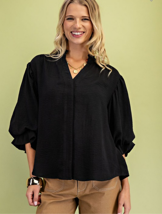 Bella 3/4 Length Gathered Balloon Sleeve Blouse- Black