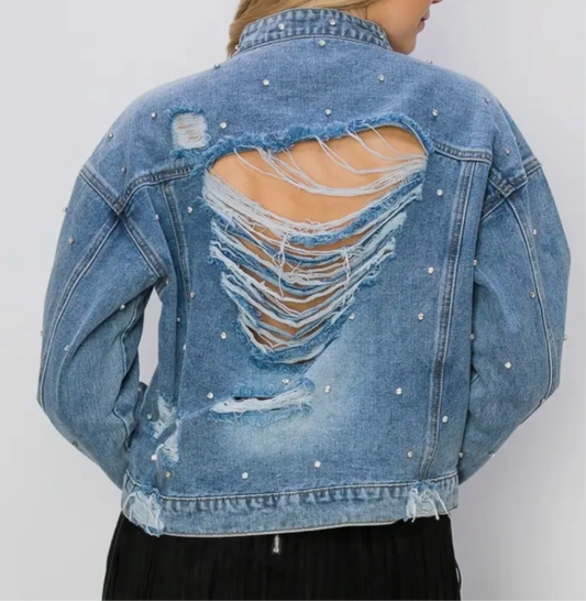 Denim Distressed Jacket w Rhinestone