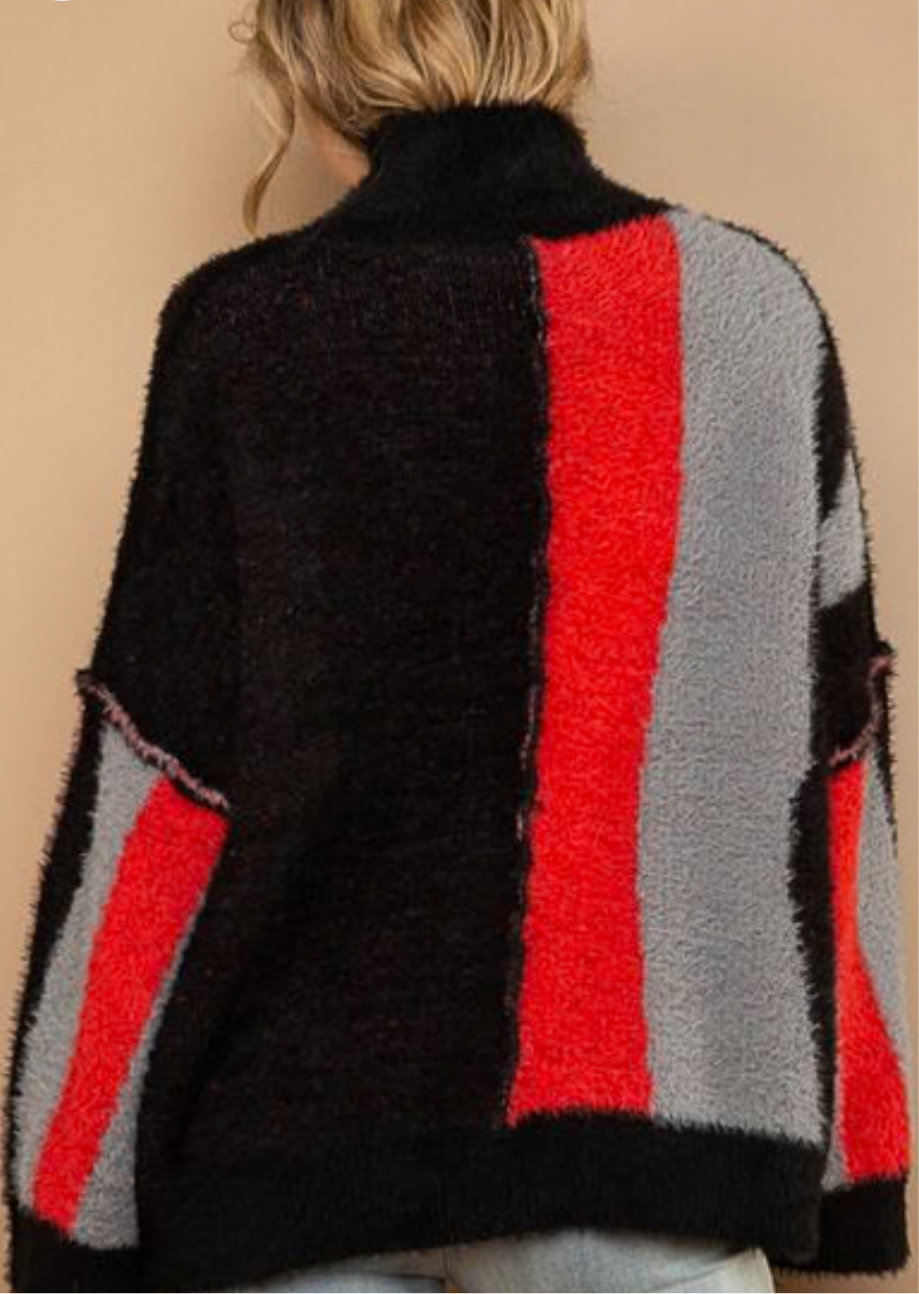 Turtleneck Color Block Fringe Detail Sweater