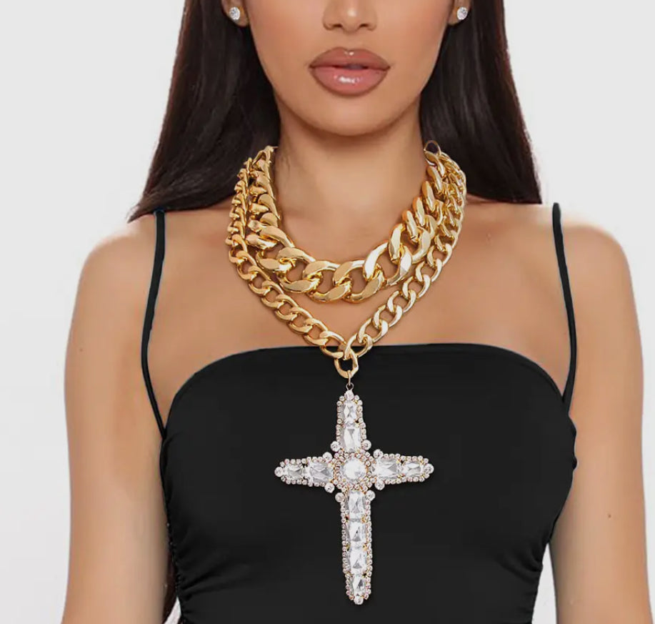 Gold Jumb Crystal Cross Chunky Double Layer Necklace Set