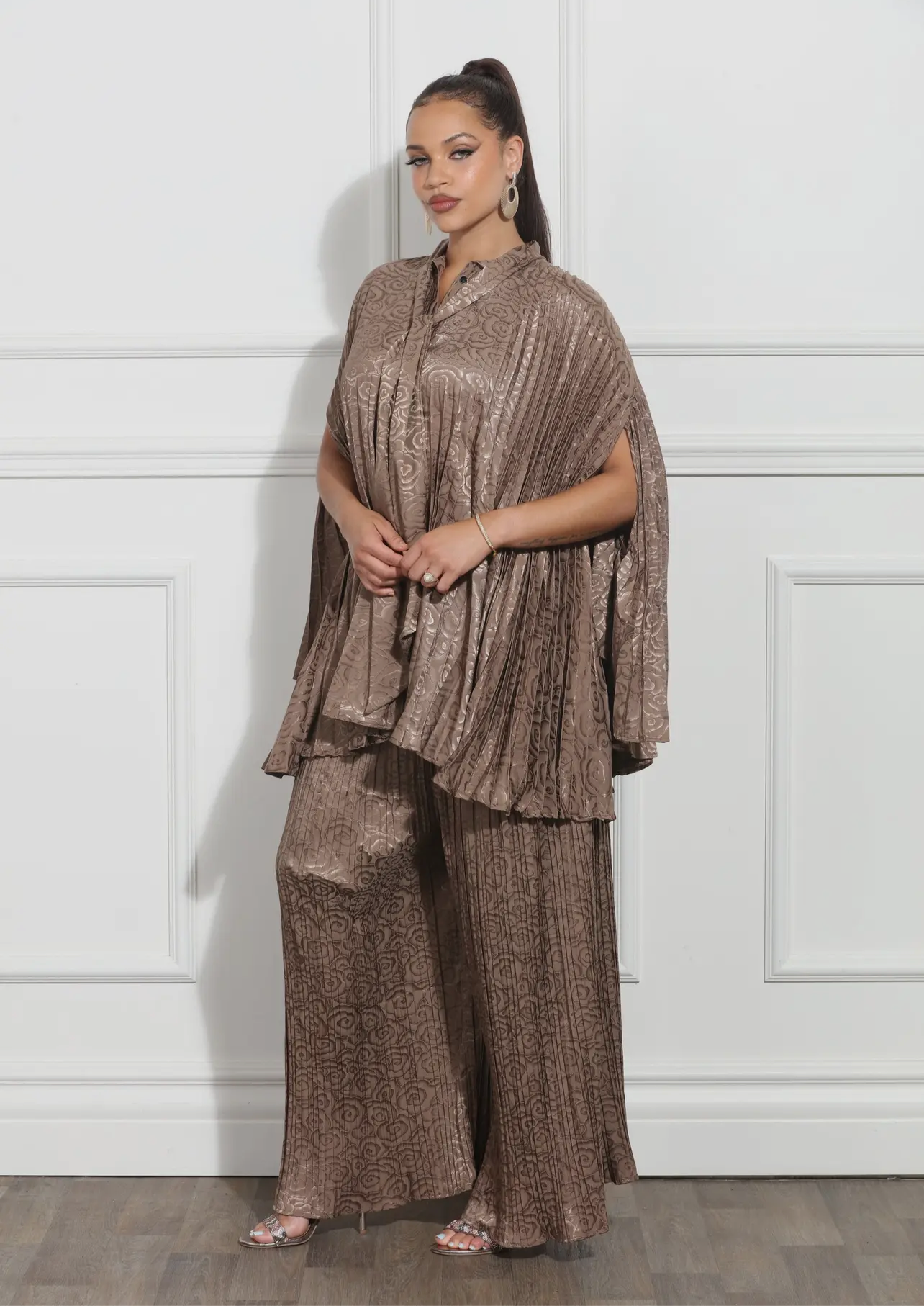 Mocha 2pc Pleated Pants Set