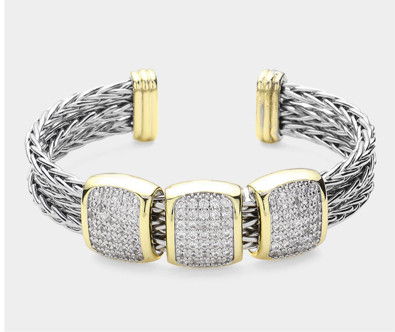 14K Gold Plated CZ Stone Paved Triple Square Pointed Braided Metal Cuff Bracelet