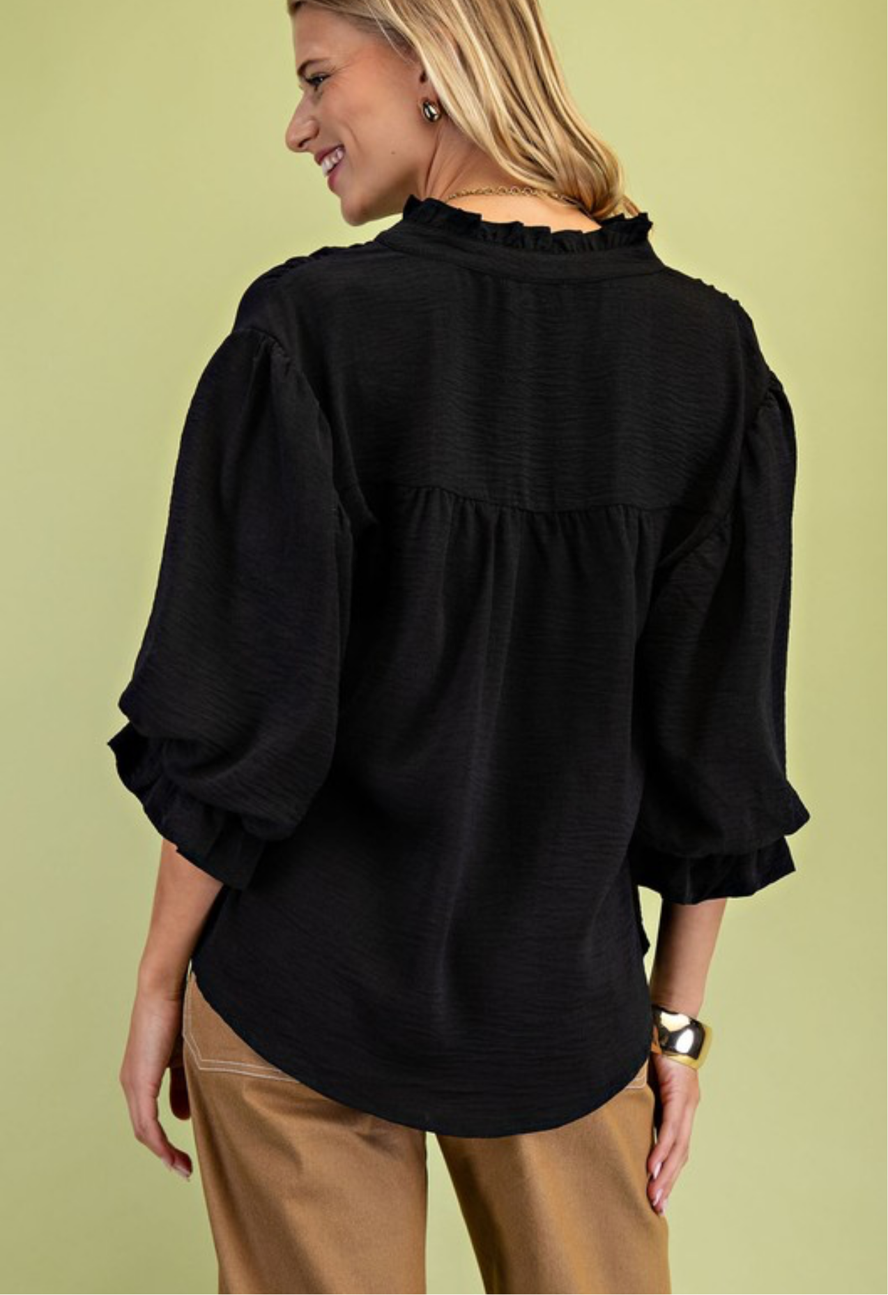 Bella 3/4 Length Gathered Balloon Sleeve Blouse- Black