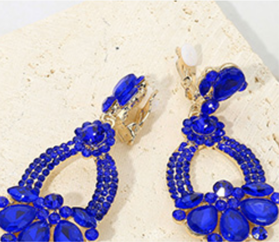 Teardrop Glass Stone Rhinestone Embellished _Clip On Earrings