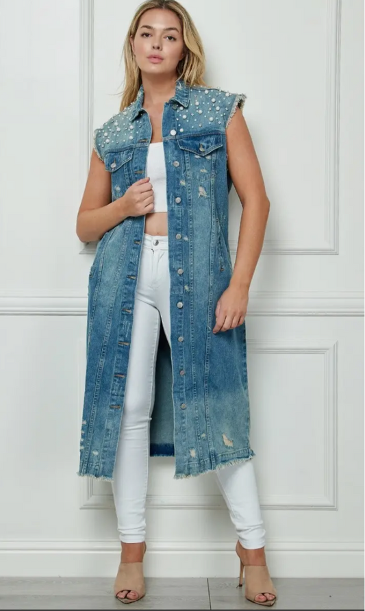 Good Girl Sleeveless Distressed Maxi Jacket w/Stone and Pearls