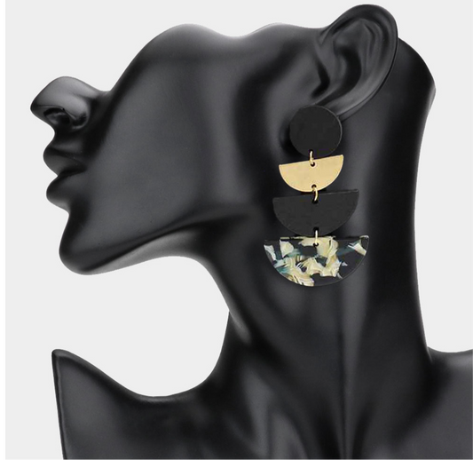 Geometric Wooden Metal Resin Layered Earrings