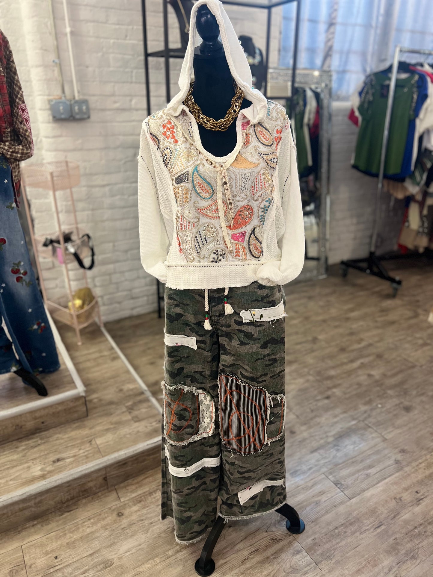 Cream Crop Hoodie w/ Embroidery Design