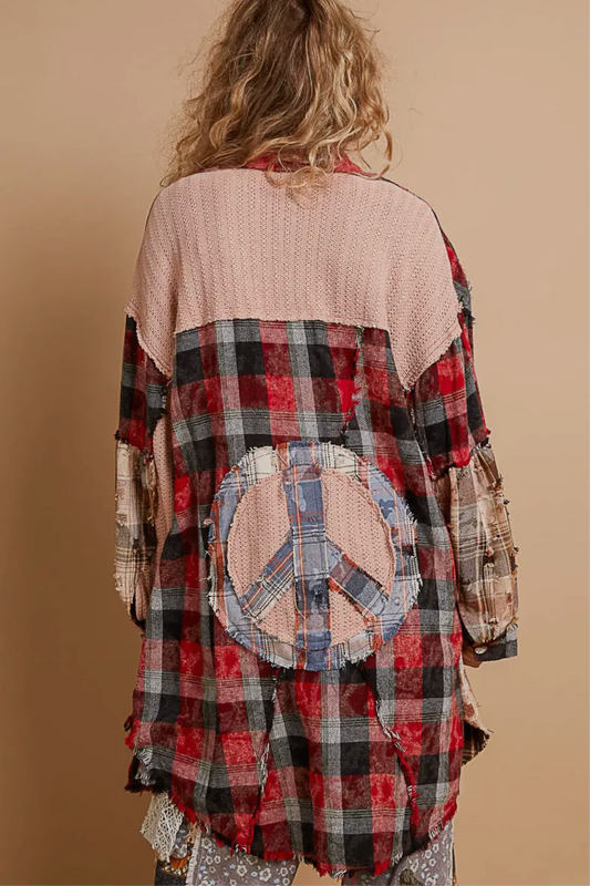 Baddie Red/Multi Or White Color Plaid Peace Sign Oversized