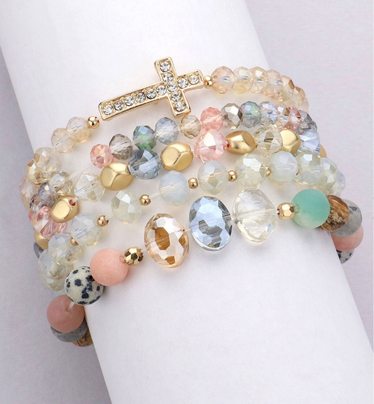 5PCS - Stone Paved Cross Faceted Beaded Multi Layered Bracelets