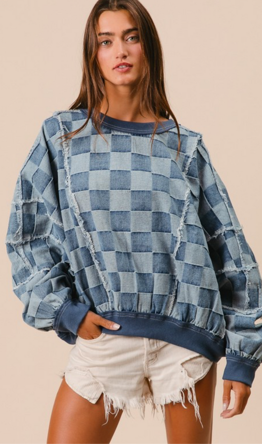 Denim Checker Gingham Pullover