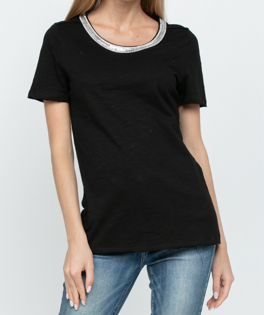 BEJEWELED NECKLINE SHORT SLEEVE TOP