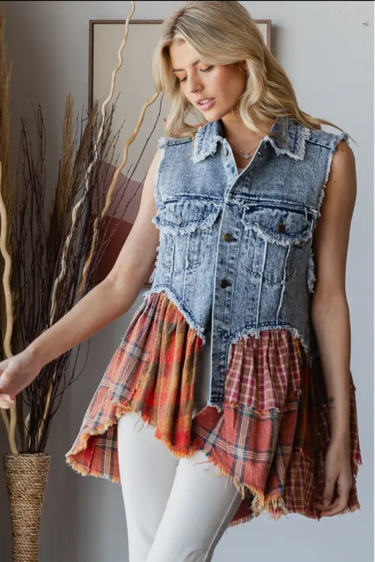 Washed Plaid Denim Flare Vest