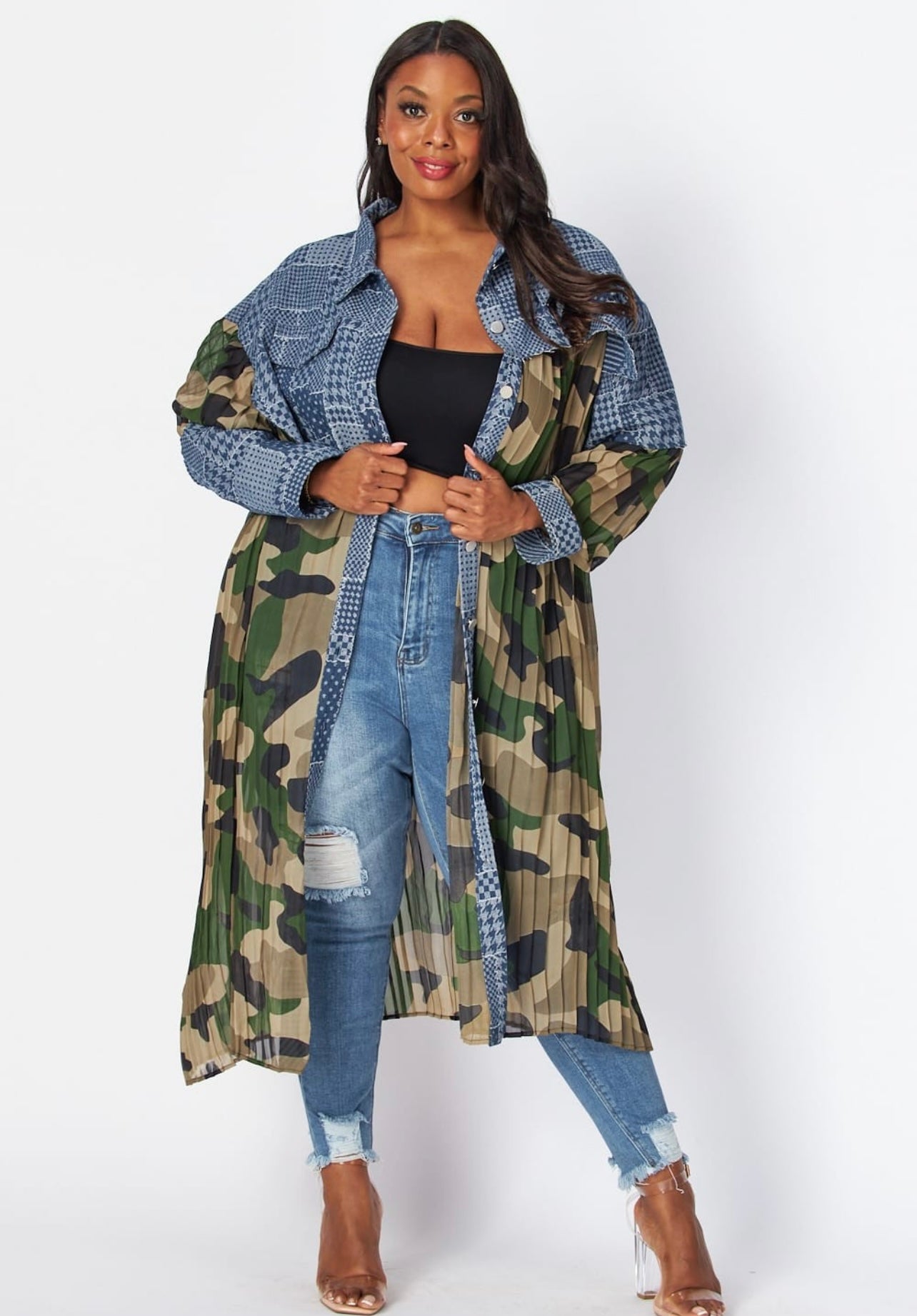 Look Amazing Pleated Denim & Camo Dress