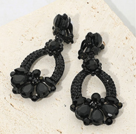 Teardrop Glass Stone Rhinestone Embellished _Clip On Earrings