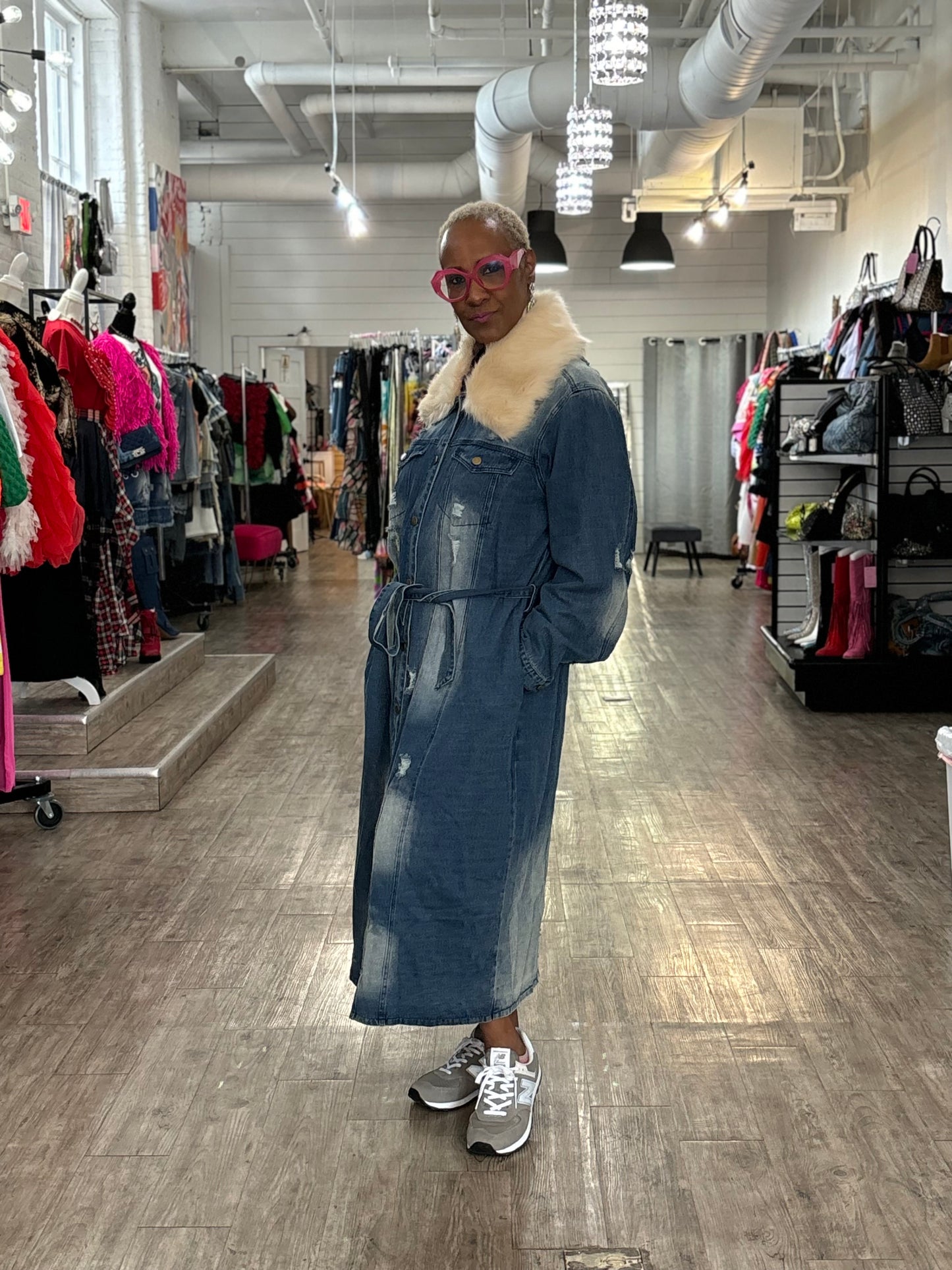 Whiskey Denim Midi Length Jacket w /Fur Collar